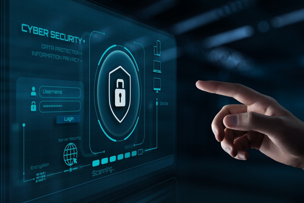Hand Touching Cyber Protection Interface: Data Privacy and Security Concept
