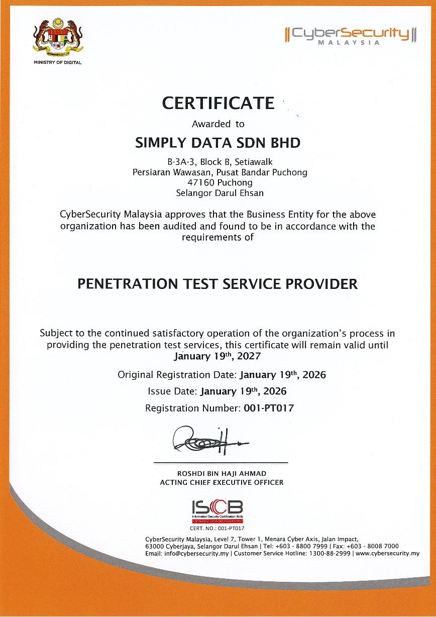 “Simply Data ISCB Certified Penetration Test Service Provider by CyberSecurity Malaysia”