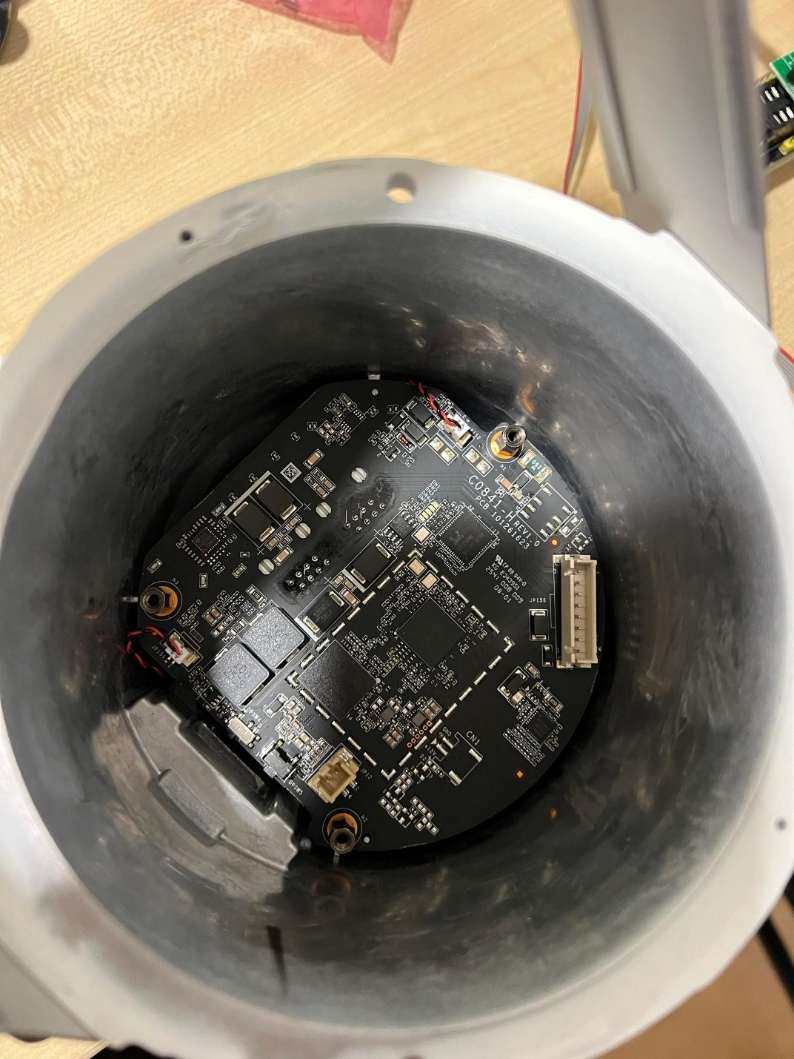IP speaker PCB internals — probed for UART, SPI, and JTAG interfaces; most pins tested as GND with no accessible debug interfaces