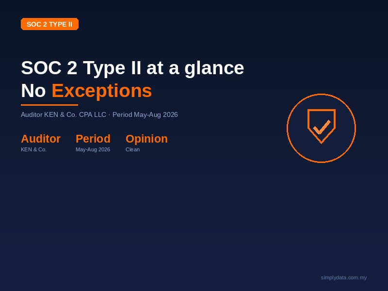 SOC 2 Type II Malaysia at a glance auditor KEN and Co CPA LLC period May-Aug 2026 no exceptions
